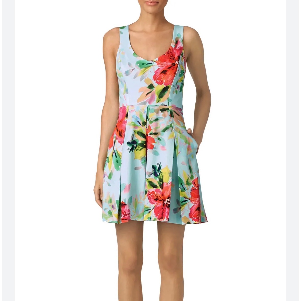Trina Turk Floral Mini Dress 2 Blue Sleeveless V Neck Pleated Pastel Cottagecore